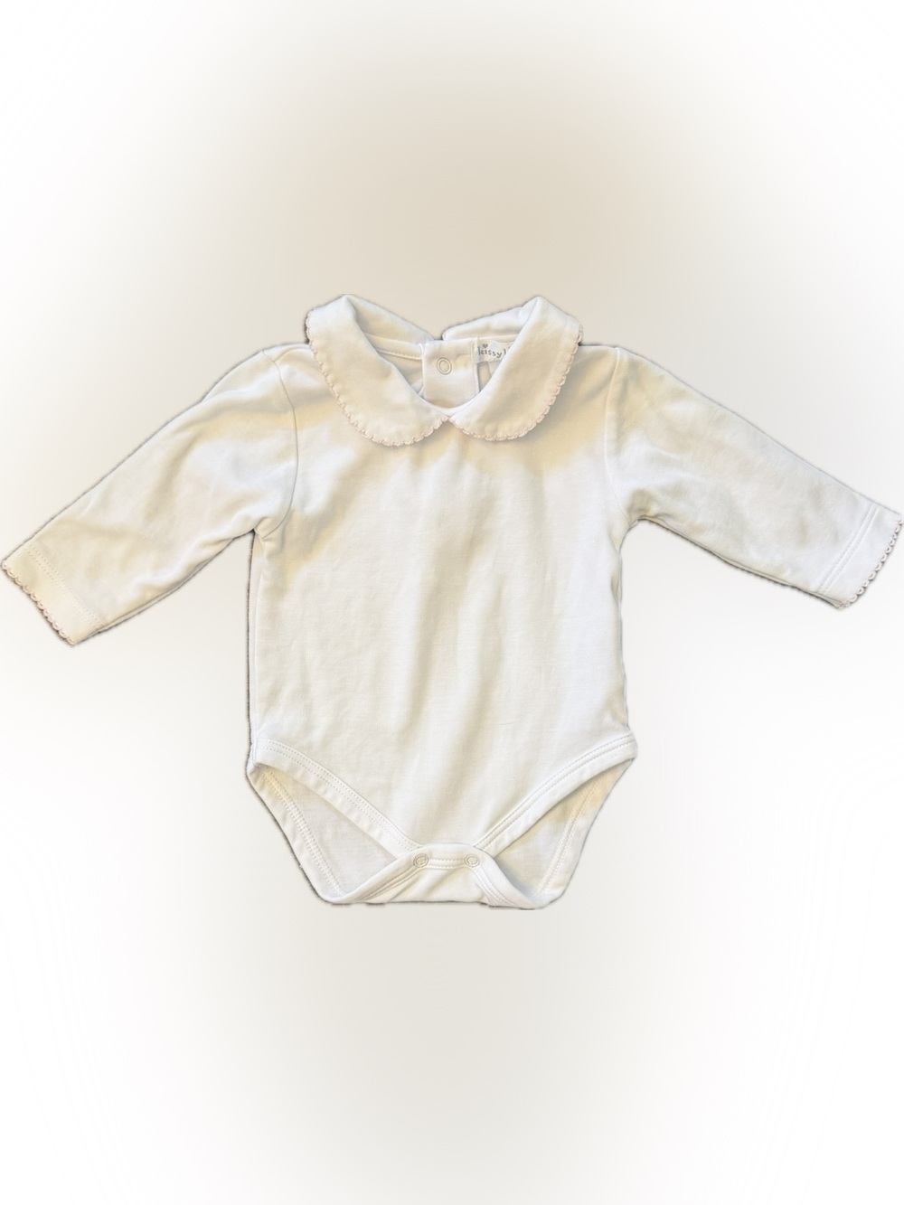 Kissy Kissy White Peter Pan Collar Bodysuit with Pink Scallop Trim